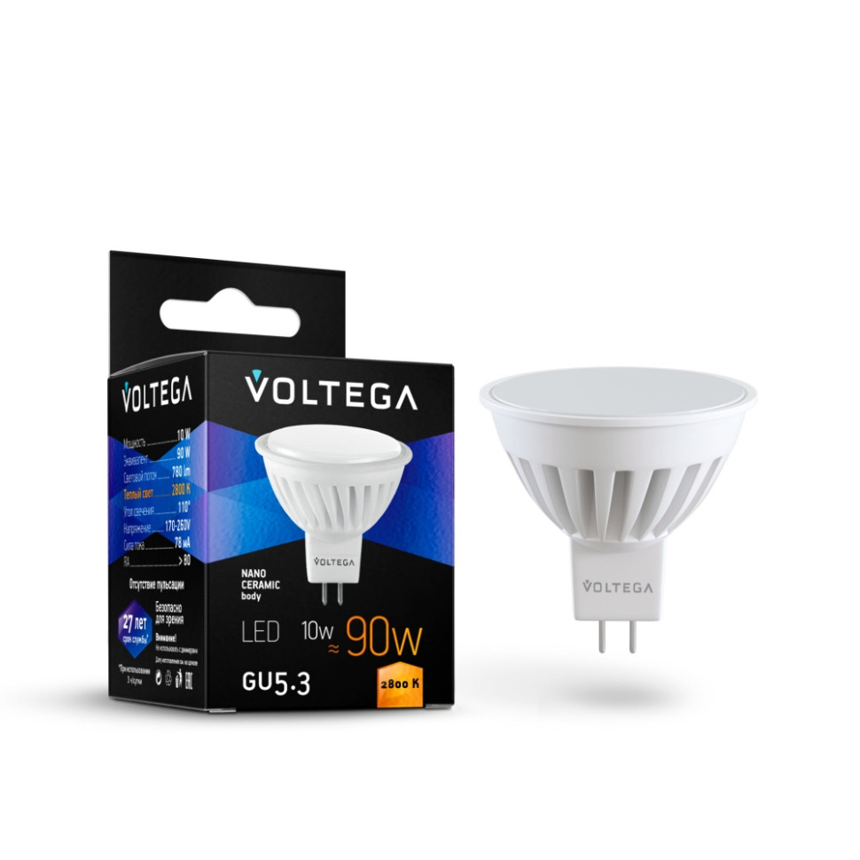 Светодиодная лампа GU5.3 10W 2800К (теплый) Ceramics Voltega 7074 светодиодная лампа e14 7w 2800к теплый simple voltega 7048