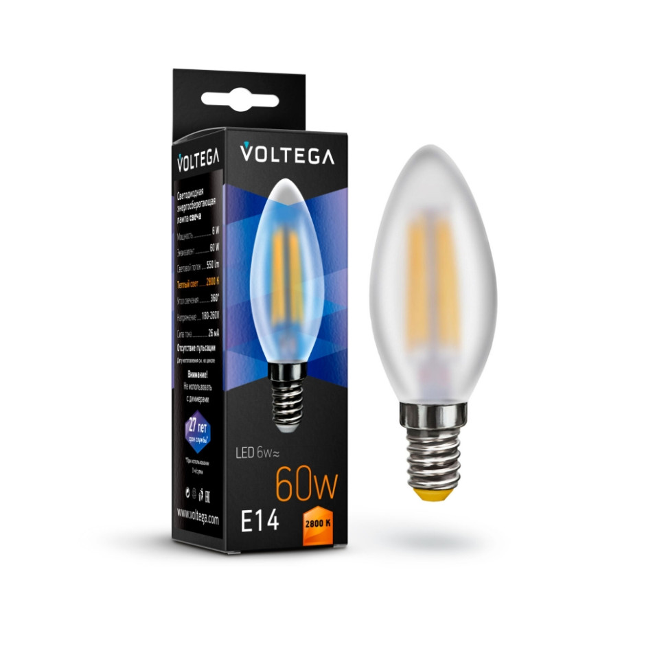 Филаментная светодиодная лампа E14 6W 2800К (теплый) Crystal Voltega 7044 светодиодная лампа gu10 7w 2800к теплый simple voltega 7056