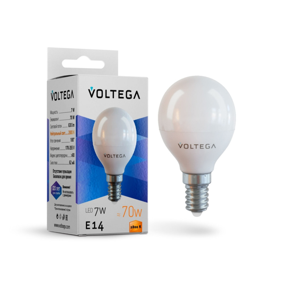 Светодиодная лампа E14 7W 2800К (теплый) Simple Voltega 7054 лампа светодиодная филаментная voltega e27 10w 2800к прозрачная vg10 а1e27warm10w f 7102