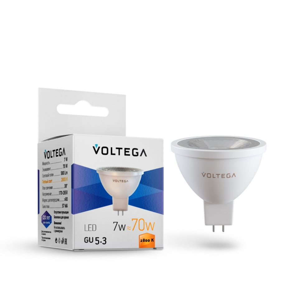 Светодиодная лампа GU5.3 7W 2800К (теплый) Simple Voltega 7062 лампа светодиодная филаментная voltega e27 10w 2800к прозрачная vg10 а1e27warm10w f 7102