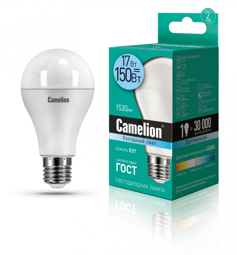 Светодиодная лампа E27 17W 4500К (белый) A65 Camelion LED17-A65/845/E27 (12309) лампа накаливания для духовок camelion