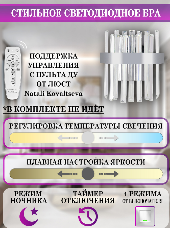 Бра светодиодное диммируемое с пультом ДУ Natali Kovaltseva Led Light LED LAMPS 81118/1W, цвет 3300-7000 LED LAMPS 81118/1W - фото 4