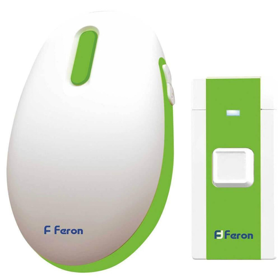 Звонок дверной беспроводной Feron E-375 Электрический 36 мелодии белый зеленый с питанием от батареек 23688 массажер универсальный 13 5 × 4 5 × 3 см зеленый