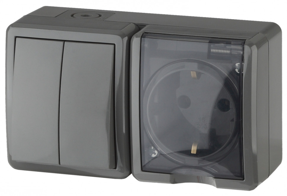 Блок розетка-выключатель двухклавишный (серый) Эксперт Эра 11-7402-03 (Б0020736) - фото 1