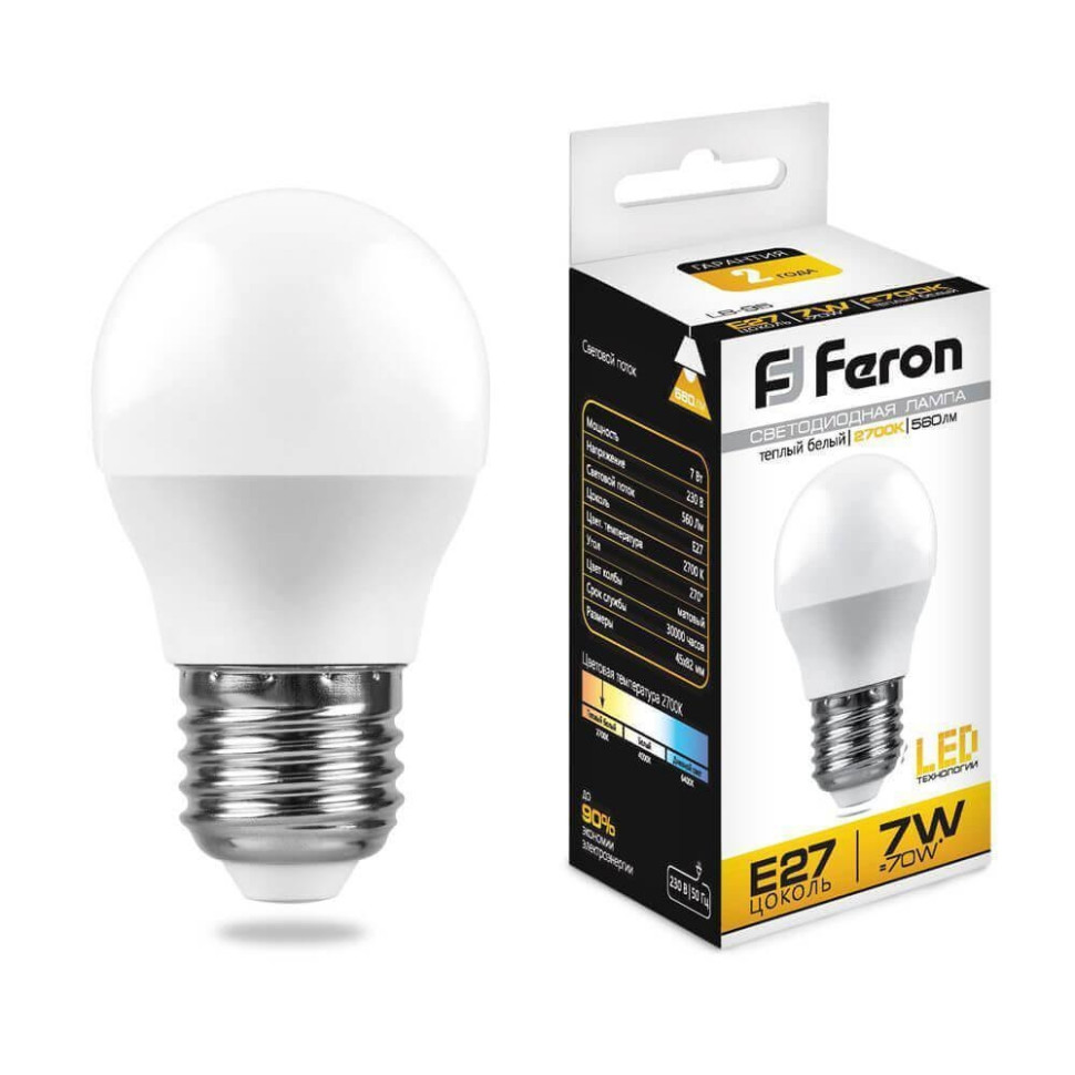 Светодиодная лампа E27 7W 2700K (теплый) G45 Feron LB-95 (25481)