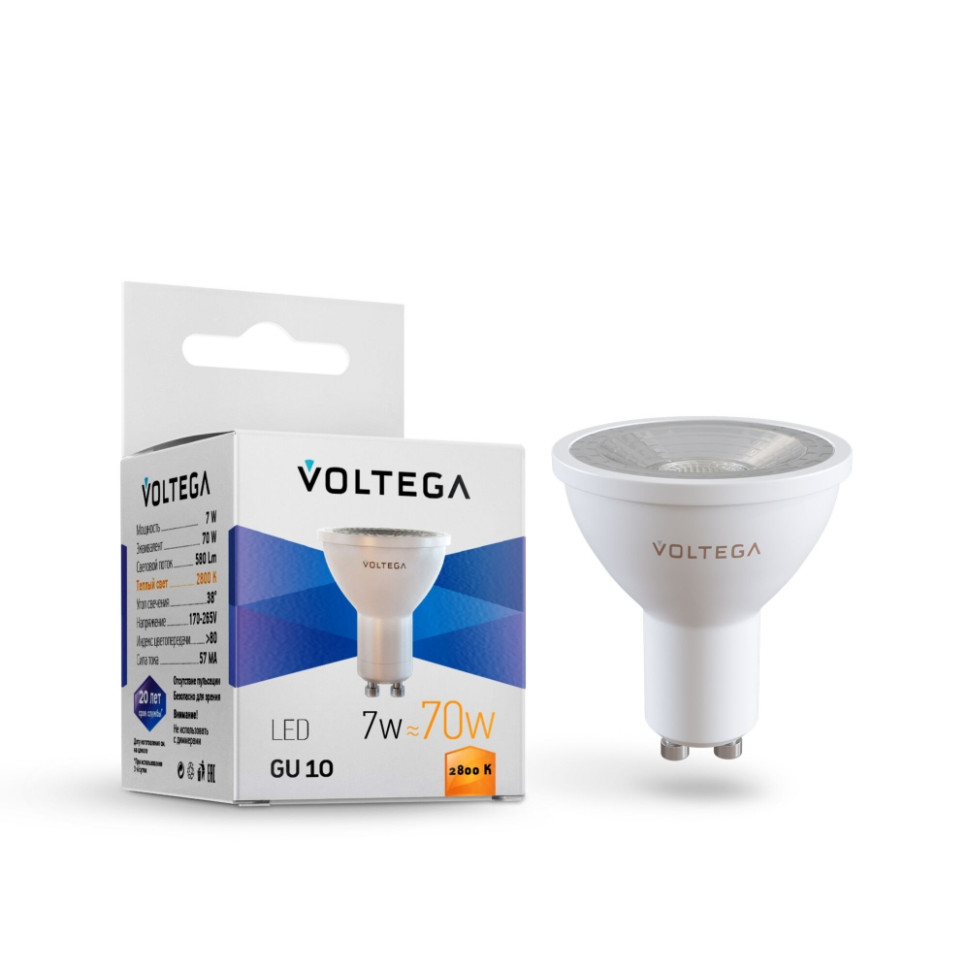 Светодиодная лампа GU10 7W 2800К (теплый) Simple Voltega 7060 лампа светодиодная филаментная voltega e27 10w 2800к прозрачная vg10 а1e27warm10w f 7102