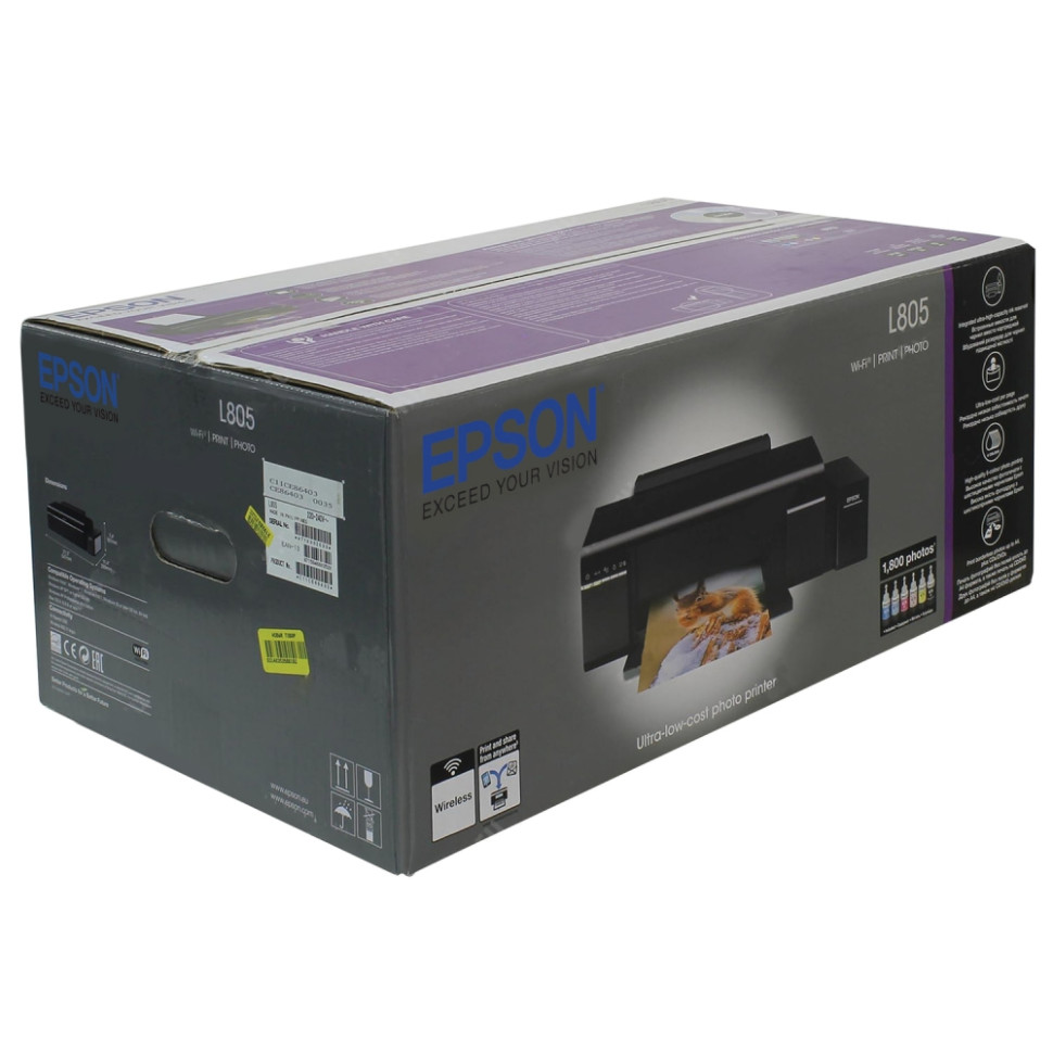 Принтер струйный EPSON L805 А4, 37 стр./мин, 5760х1440, печать на CD/DVD,  Wi-Fi, СНПЧ, C11CE86403 (353583)