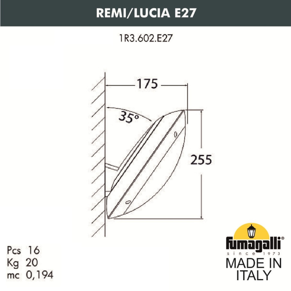 1R3.602.000.LYE27 Уличный настенный светильник Fumagalli Remi/Lucia, цвет серый - фото 2