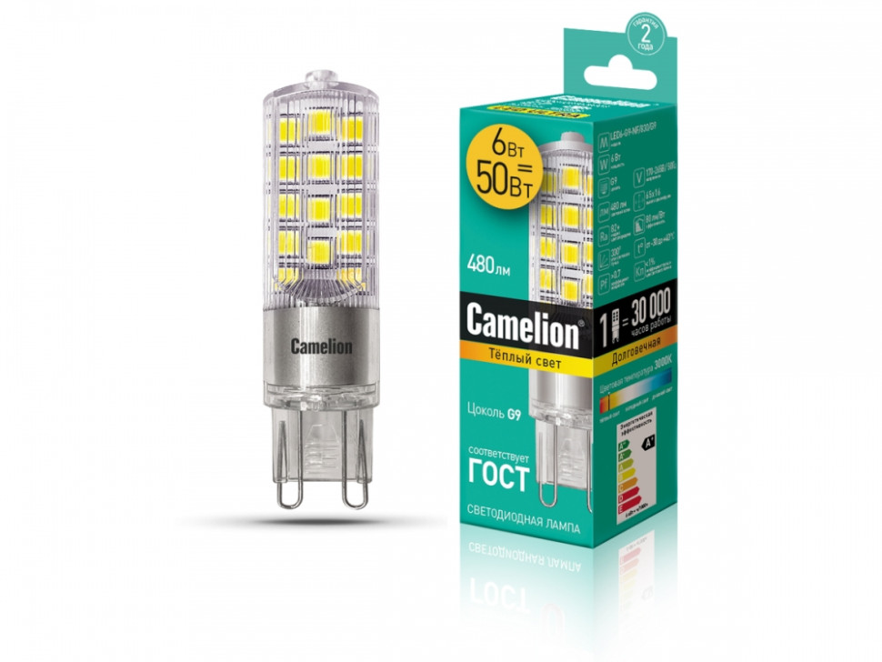 Светодиодная лампа G9 6W 3000K (теплый) G9 Camelion LED6-G9-NF/830/G9 (13706)