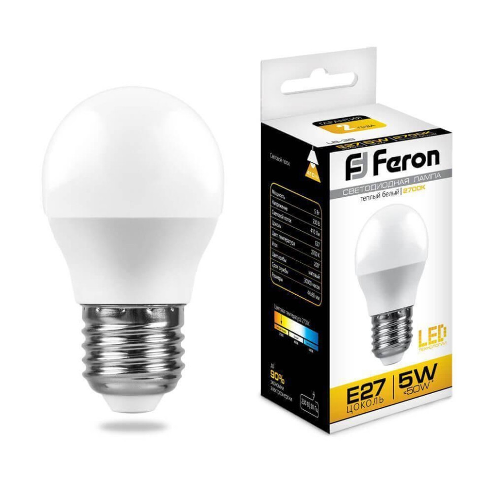 Светодиодная лампа E27 5W 2700K (теплый) G45 Feron LB-38 (25404)
