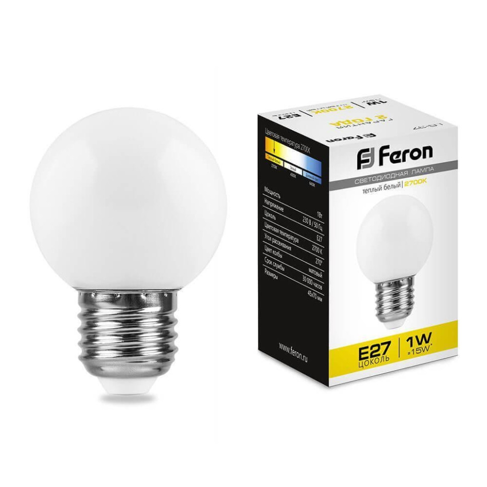 Светодиодная лампа E27 1W 2700K (теплый) G45 Feron LB-37 (25878)