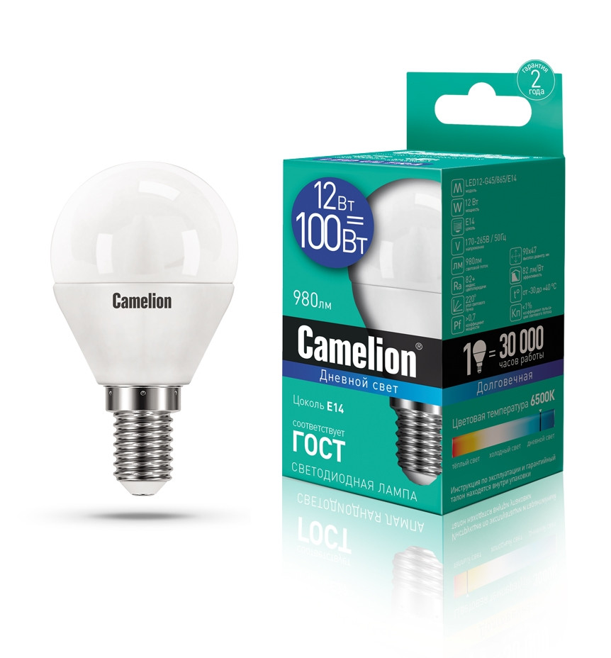 Светодиодная лампа E14 12W 6500К (холодный) G45 Camelion LED12-G45/865/E14 (13697) офисная настольная лампа camelion kd 806 c02