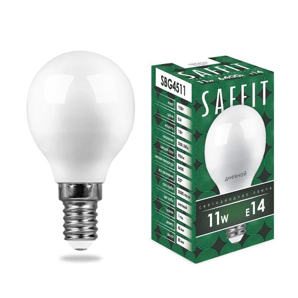 Светодиодная лампа E14 11W 6400K (холодный) G45 Saffit SBG4511 (55140) feron saffit dh0702 06294