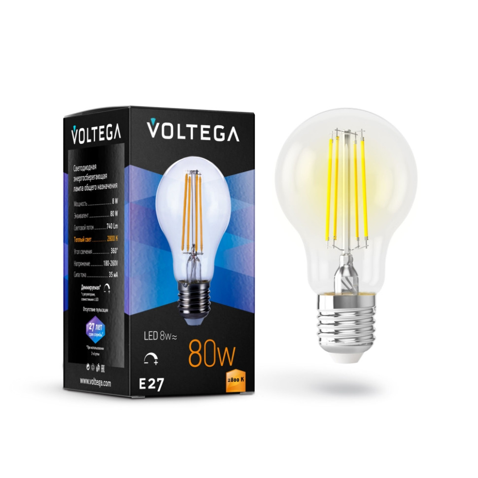 Филаментная светодиодная лампа E27 8W 2800К (теплый) Crystal Voltega 5489 - фото 1