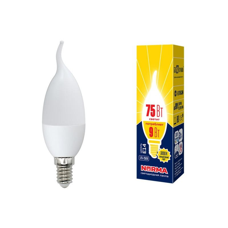 Лампа светодиодная свеча E14 9W 3000K(теплый свет) матовая Volpe Norma LED-CW37-9W/WW/E14/FR/NR картон (UL-00003809), цвет серый LED-CW37-9W/WW/E14/FR/NR картон - фото 2