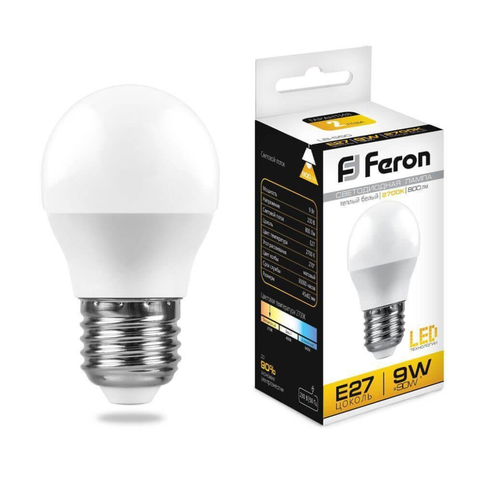 Светодиодная лампа Feron E27, 9W, 2700K (теплый) G45 LB-550 Feron 25804