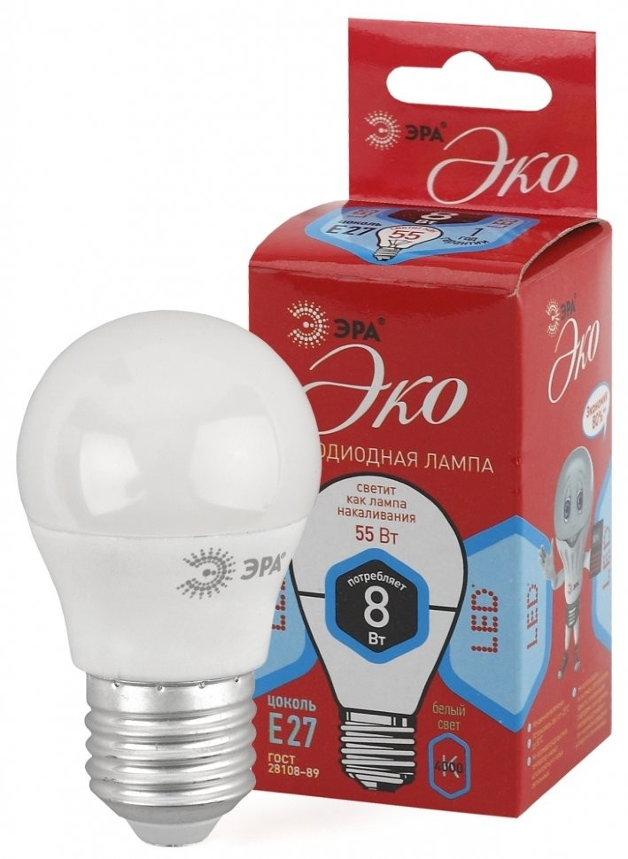 ECO LED P45-8W-840-E27 Лампа светодиодная, шар, 8Вт, 4000К, E27 Эра Б0030025