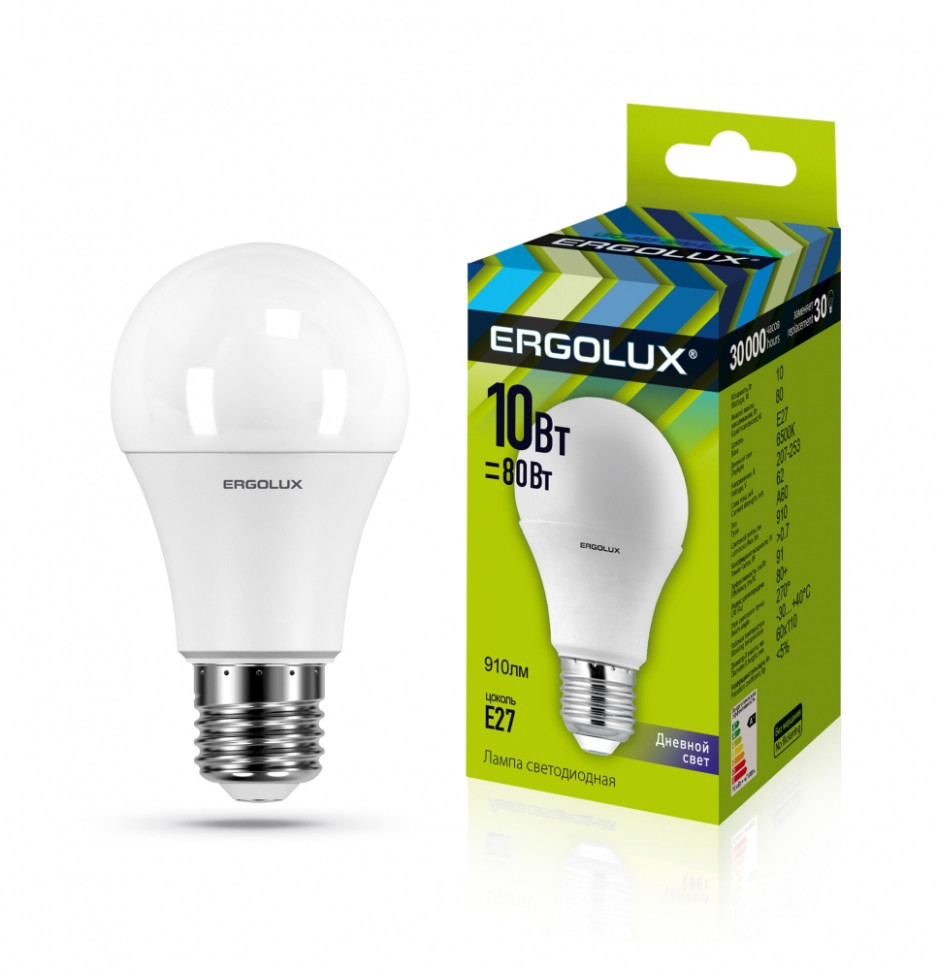Светодиодная лампа E27 10W 6500K (холодный) Ergolux LED-A60-10W-E27-6K (12879) паровой электрический утюг ergolux