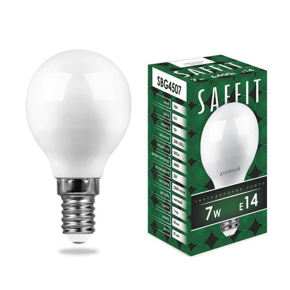 Лампа светодиодная SAFFIT SBG4507 Шарик E14 7W 6400K 55123 - фото 1