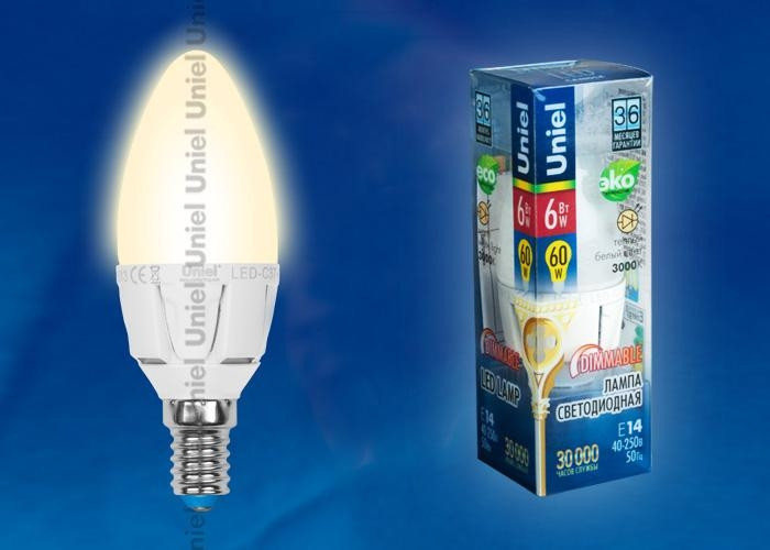 Лампа светодиодная диммируемая свеча E14 6W 3000K (теплый белый) Uniel Palazzo LED-C37-6W/WW/E14/FR/DIM PLP01WH картон (UL-00000690) LED-C37-6W/WW/E14/FR/DIM PLP01WH картон - фото 2