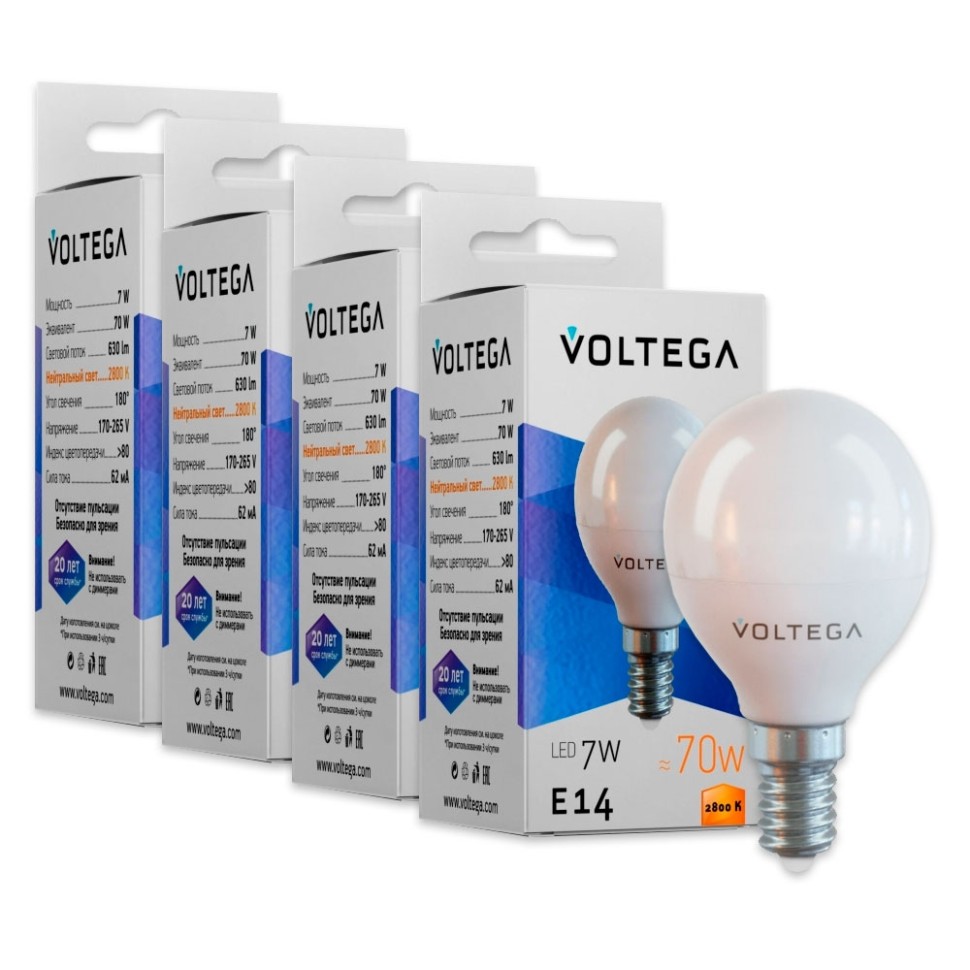 Комплект светодиодных ламп E14 7W 2800К (теплый) Simple Voltega (155245) 4 шт - фото 4