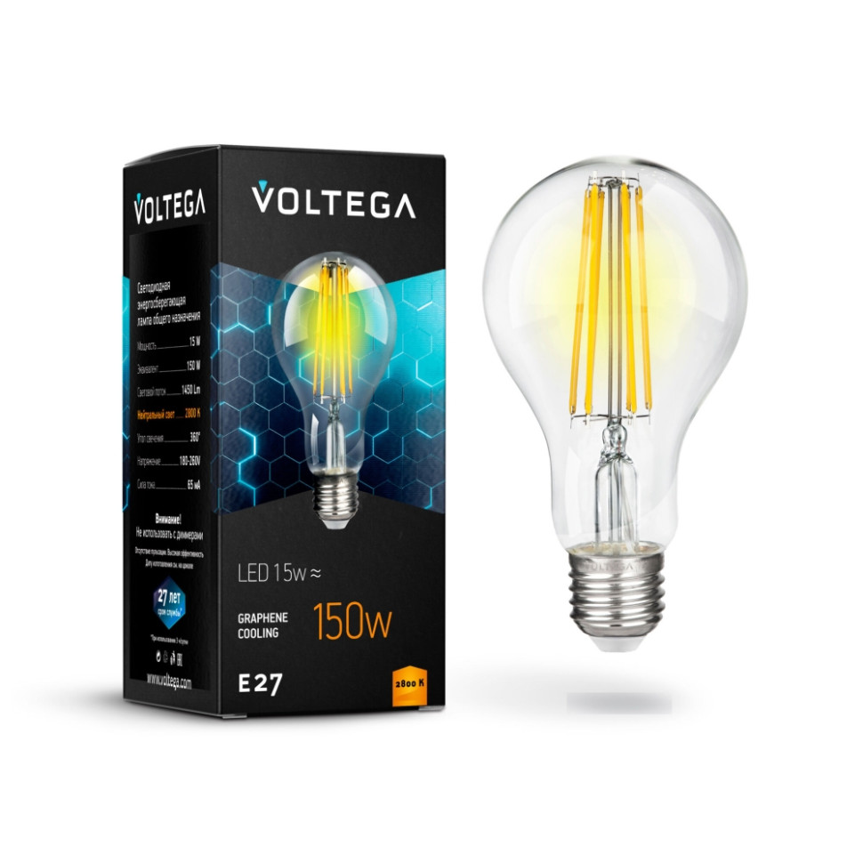 Филаментная светодиодная лампа E27 15W 2800К (теплый) Crystal Voltega 7104 лампа светодиодная филаментная voltega e27 10w 2800к прозрачная vg10 а1e27warm10w f 7102