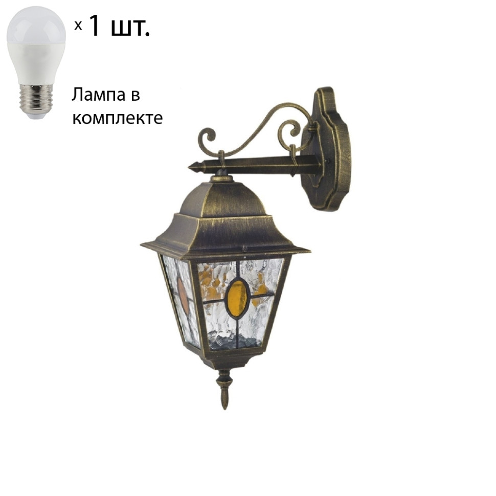 Уличный настенный светильник Favourite Zagreb с лампочкой 1805-1W+Lamps E27 P45, цвет черный с золотой патиной 1805-1W+Lamps E27 P45 - фото 1
