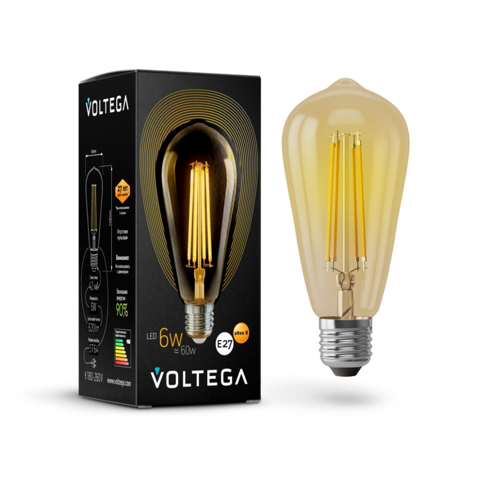 Ретро лампа E27 6W 2800К (теплый) Loft LED Voltega 5526 филаментная светодиодная лампа e27 15w 2800к теплый crystal voltega 7104